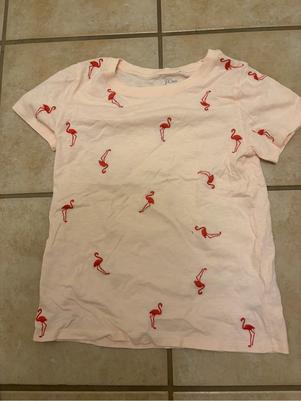 Womens  j crew embroidered Pink Flamingo Short Sleeve T-Shirt